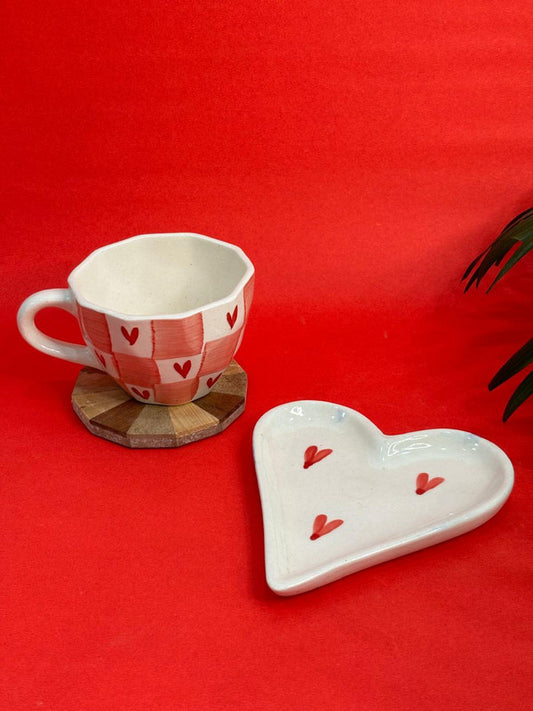 Checkered Red Heart Coffee Mug  & Heart Snack Plate Combo Set (Set of 2)