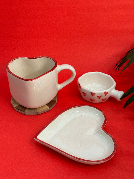 Heart Coffee Mug, Heart Snack Plate & Dip Bowl Combo Set (Set of 3)