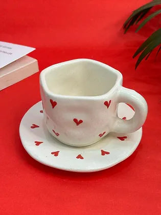 3D Red Heart Pinterest Coffee Mug with Saucer