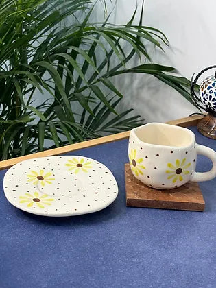 Brown Polka Yellow Flower Coffee Mug & Saucer Set