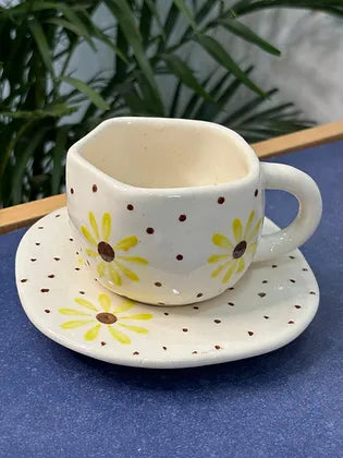 Brown Polka Yellow Flower Coffee Mug & Saucer Set