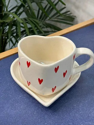 Red Heart Coffee Mug with Heart Saucer