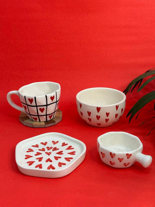 Red Heart Coffee Mug, Snack Bowl, Snack Plate & Dip Bowl Combo Set (Set of 4)