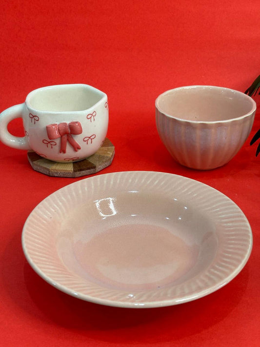 3D Pink Bow Coffee Mug, Snack Bowl & Pasta Plate Combo Set (Set of 3)