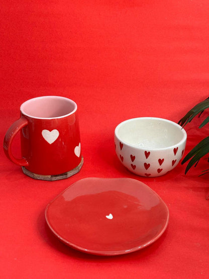 Red Heart Coffee Mug, Snack Bowl & Snack Plate Combo Set (Set of 3)