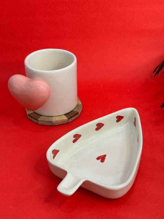 Pink 3D Heart Handle Coffee Mug & Leaf Snack Plate Combo Set (Set of 2)