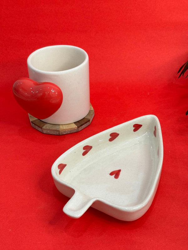 Red 3D Heart Handle Coffee Mug & Leaf Snack Plate Combo Set (Set of