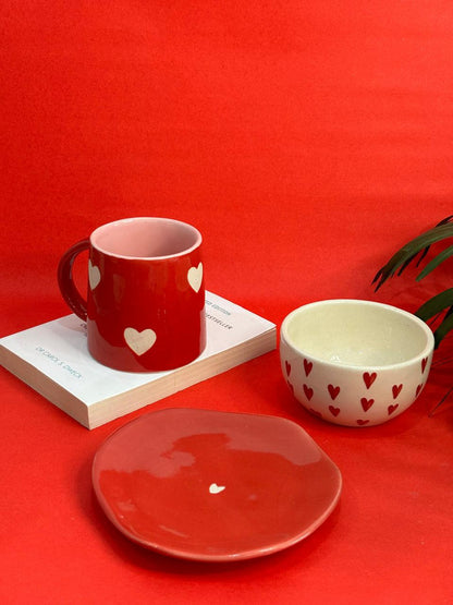 Red Heart Coffee Mug, Snack Bowl & Snack Plate Combo Set (Set of 3)