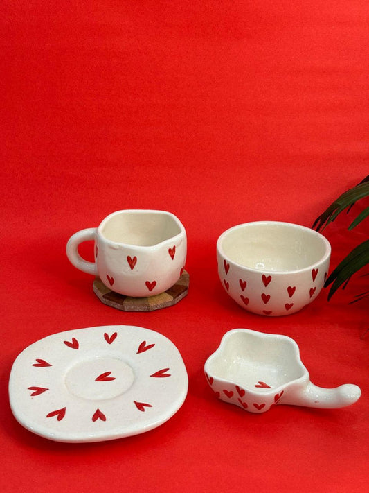 Red Heart Coffee Mug with Saucer, Snack Bowl & Dip Bowl Combo Set (Set of 4)