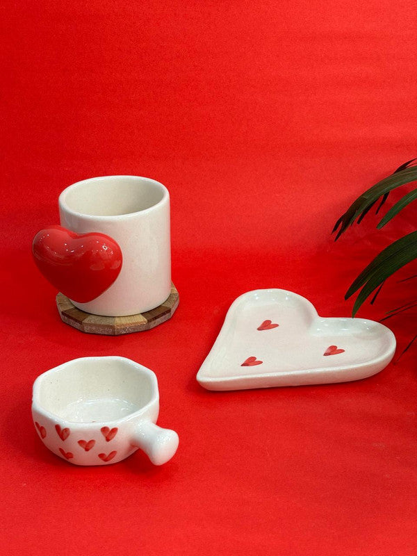 Red 3D Heart Handle Coffee Mug, Heart Snack Plate & Dip Bowl Combo (Set of 3)