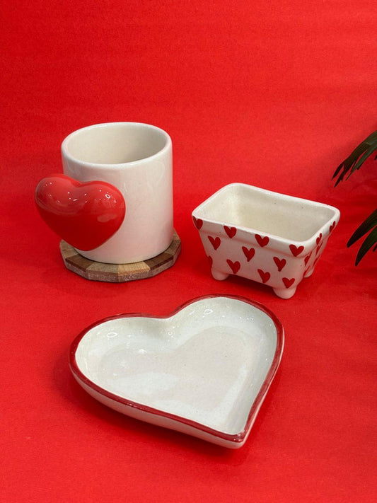 Red 3D Heart Handle Coffee Mug, Heart Snack Plate & Dip Bowl Combo Set (Set of3)