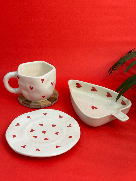 3D Heart Coffee Mug, 3D Heart Snack Plate & Leaf Platter Combo Set (Set of 3)