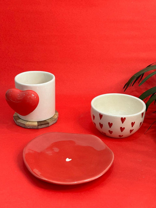 Red 3D Heart Handle Coffee Mug, Snack Bowl & Snack Plate Combo Set (Set of 3)