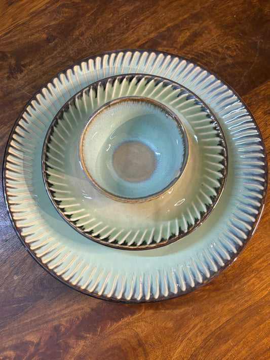 Mint Green with Lines Glaze Dinner Set (Set of 3)