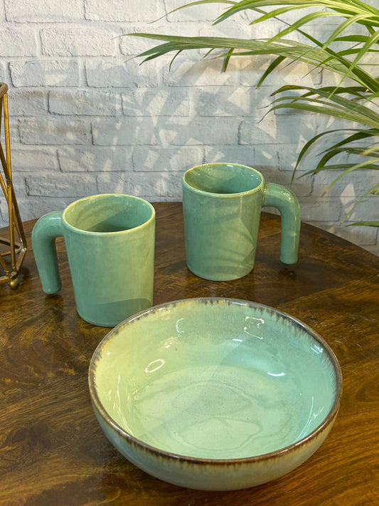 Ele Coffee Mugs & Mint Green Snack Bowl Combo Set of 3