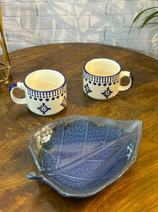 Blue Floral Pattern Tea Cups & Leaf Platter Combo Set of 3