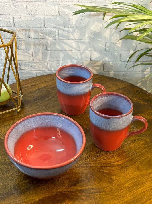 Red Glaze Coffee Mugs & Serving Bowl Combo Set of 3