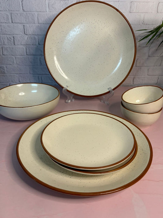 White Dinner Set with Brown Rim (Set of 7)