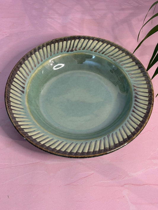 Green Glaze Lines Pasta Plate (9inc.)