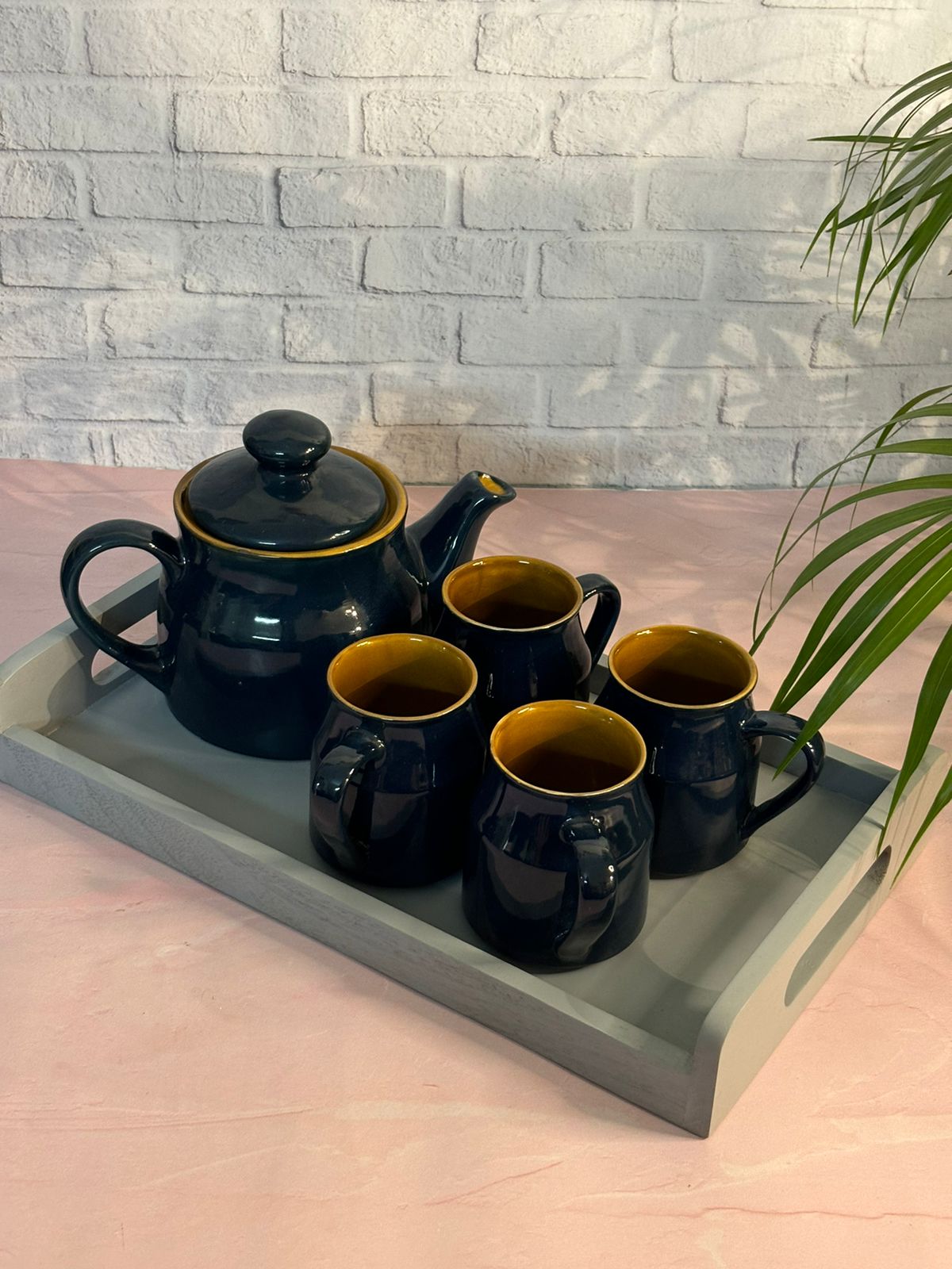 Dark Blue Brown Kettle Set with Tray (Set of 6)