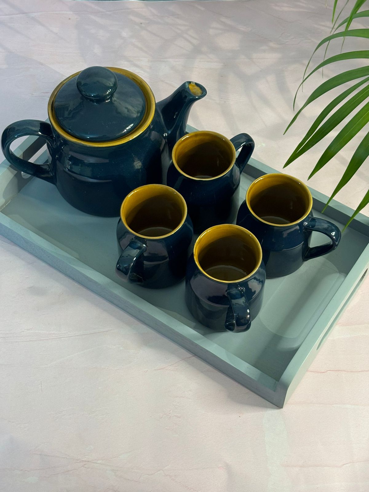 Dark Blue Brown Kettle Set with Tray (Set of 6)