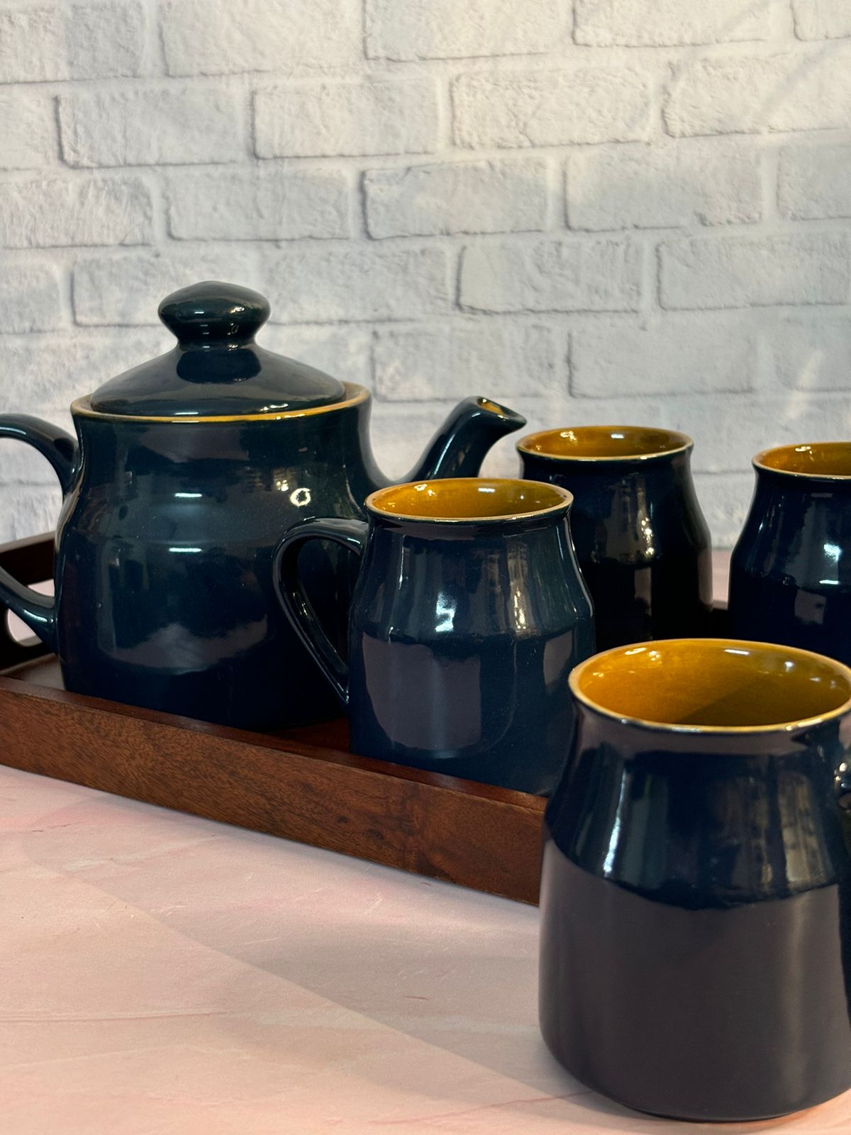 Dark Blue Brown Kettle Set with Tray (Set of 6)