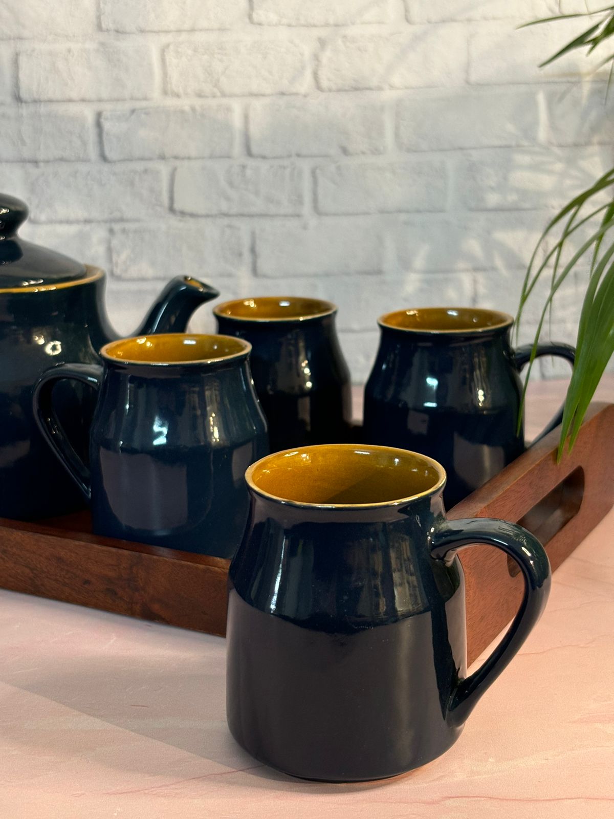 Dark Blue Brown Kettle Set with Tray (Set of 6)