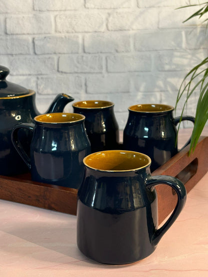 Dark Blue Brown Kettle Set with Tray (Set of 6)