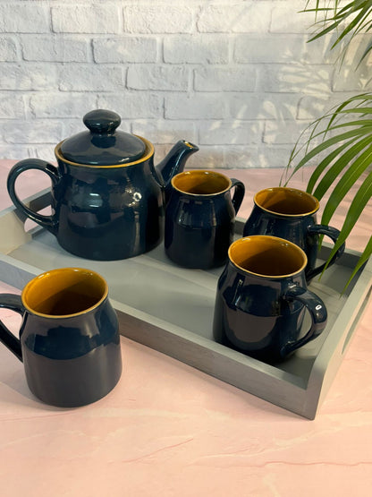 Dark Blue Brown Kettle Set with Tray (Set of 6)