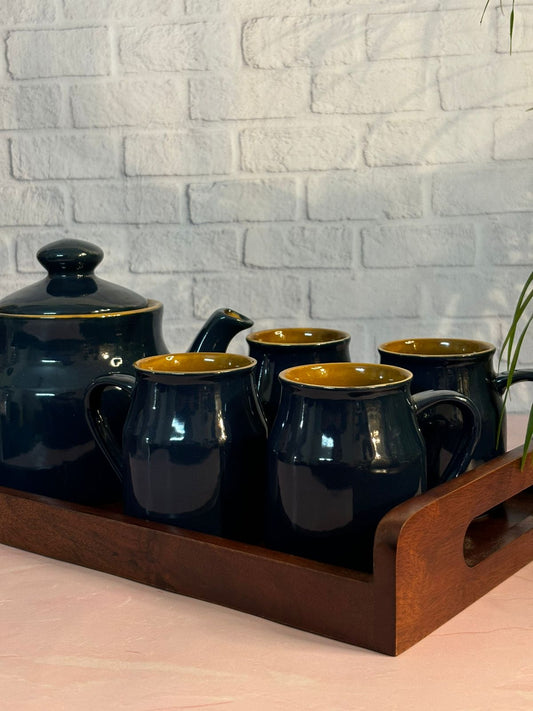 Dark Blue Brown Kettle Set with Tray (Set of 6)