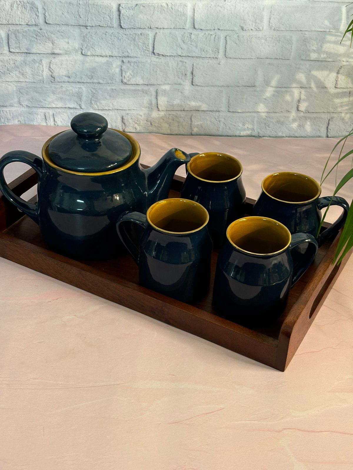 Dark Blue Brown Kettle Set with Tray (Set of 6)