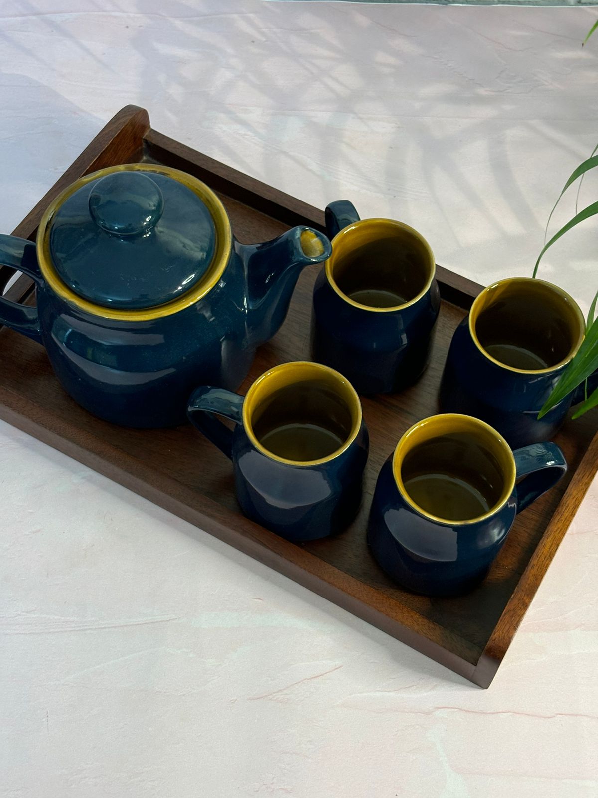 Dark Blue Brown Kettle Set with Tray (Set of 6)