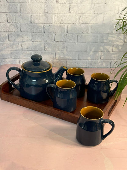 Dark Blue Brown Kettle Set with Tray (Set of 6)