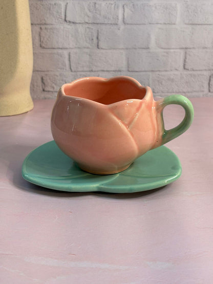 Pink Lotus Coffee Mug with Saucer