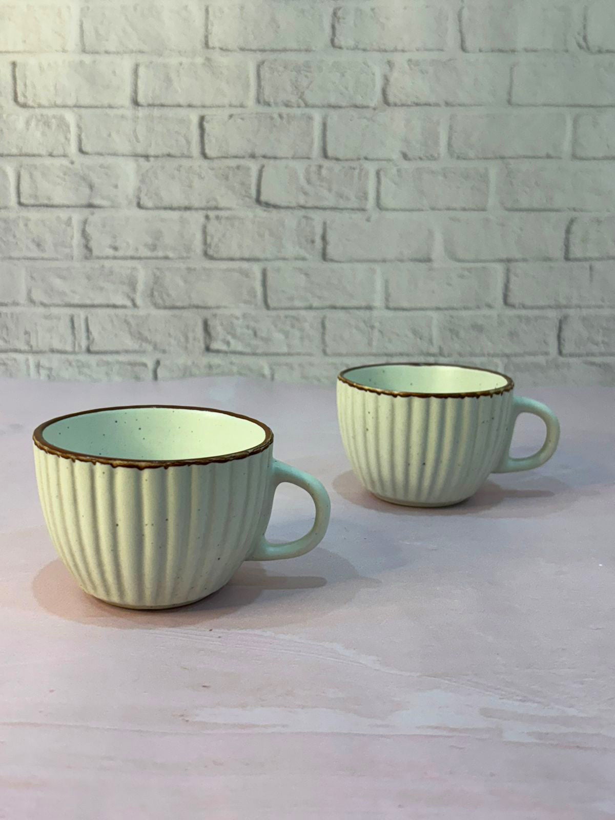 White Tea Cups with Brown Rim (Set of 2)