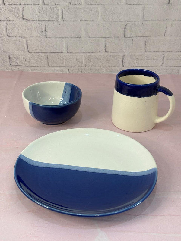 Blue Dual Shade Glaze Coffee Mug, Curry Bowl & Quarter Plate Combo Set of 3