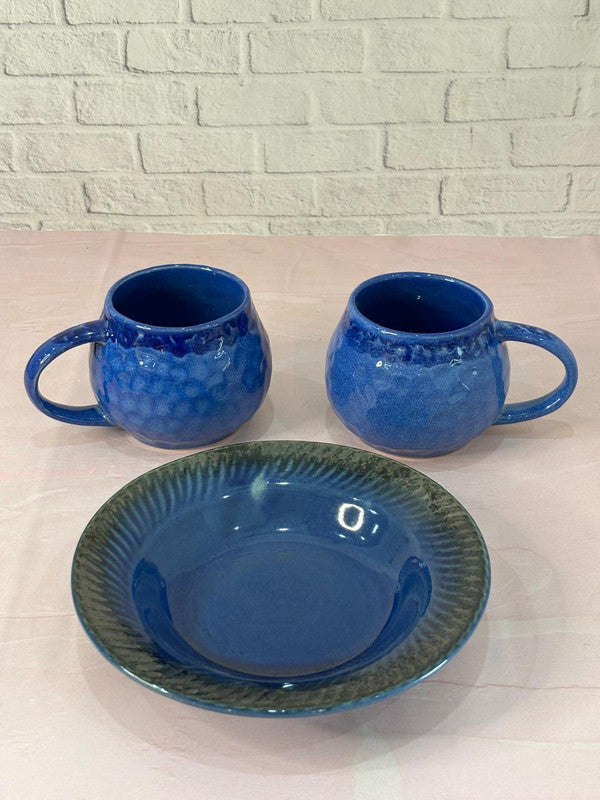 Blue Glaze Coffee Mugs & Blue Pasta Plate Combo Set of 3