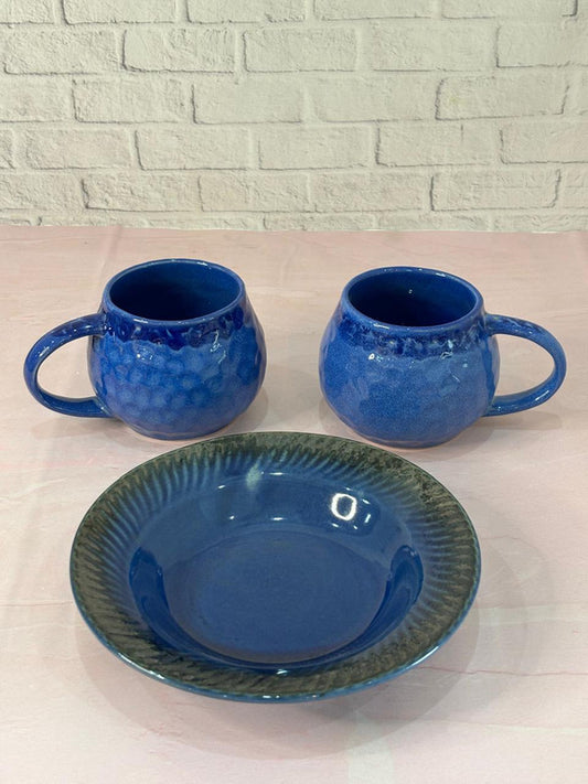 Blue Glaze Coffee Mugs & Blue Pasta Plate Combo Set of 3