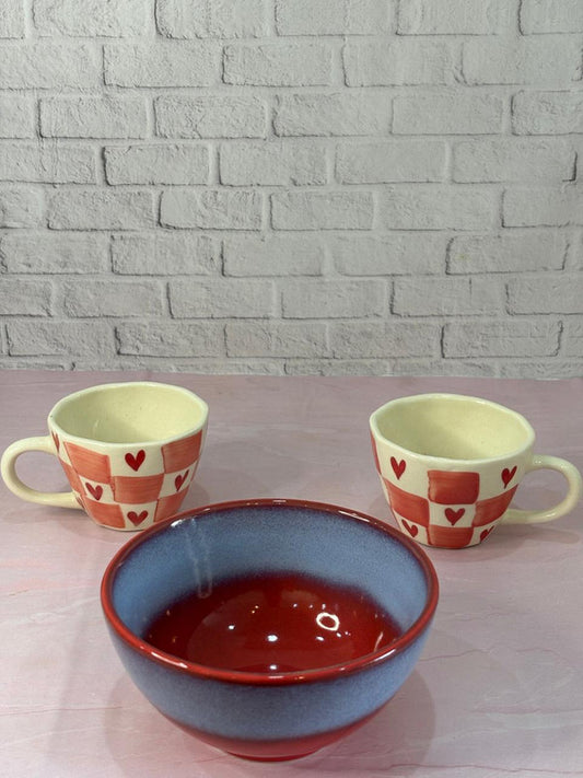 Red Heart Coffee Mugs & Red Serving Bowl Combo Set of 3