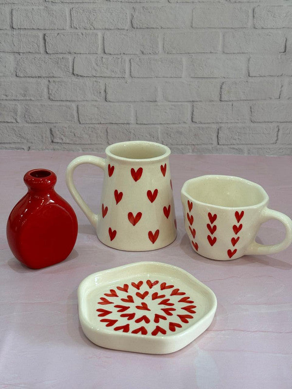 Red Heart Coffee Mugs, Small Vase & Snack Plate Combo Set of 4