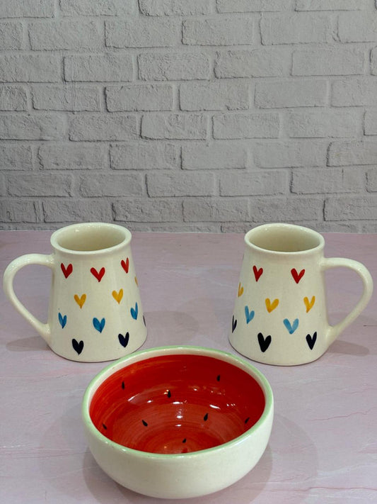 Multi-color Heart Coffee Mugs & Watermelon Snack Bowl Combo Set of 3