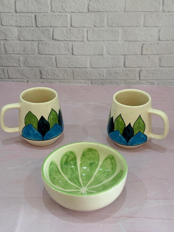 Multi-color Leaves Coffee Mugs & Lemon Snack Bowl Combo Set of 3