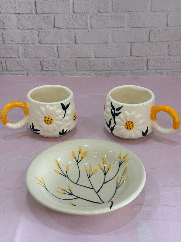 3D Sunflower Coffee Mugs & Yellow Floral Pasta Plate Combo Set of 3