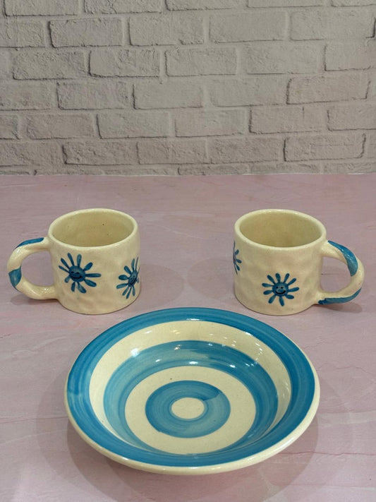 Blue Sun Coffee Mugs & Light Blue Spiral Pasta Plate Combo Set of 3