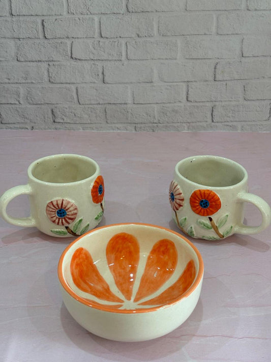 3D Floral Coffee Mugs & Orange Snack Bowl Combo Set of 3