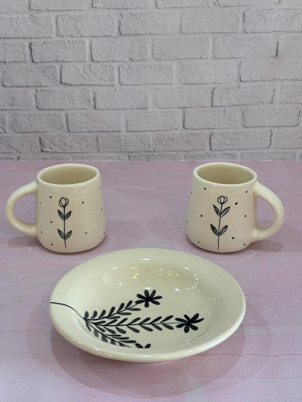 Minimalist Floral Coffee Mugs & Black Leaves Pasta Plate Combo Set of 3