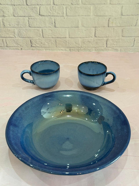 Blue Glaze Tea Cups & Blue Pasta Plate Combo Set o