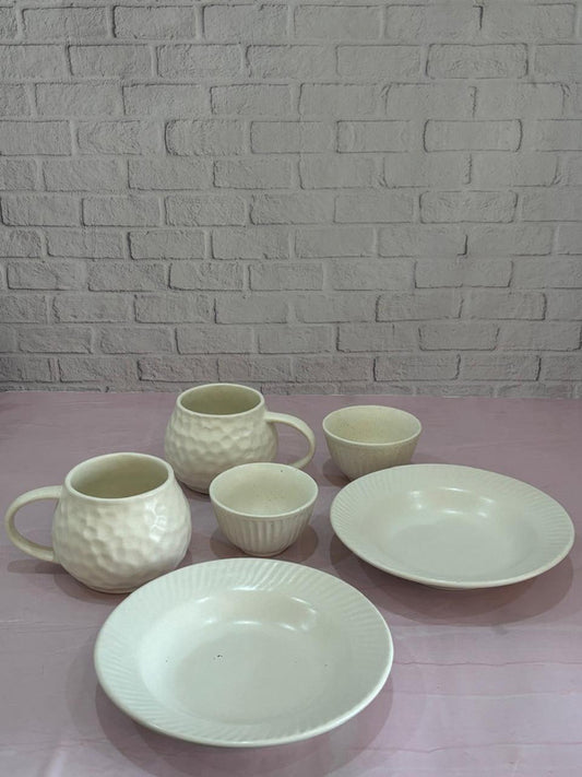 White Coffee Mugs, Bowls & White Pasta Plate Combo Set of 6