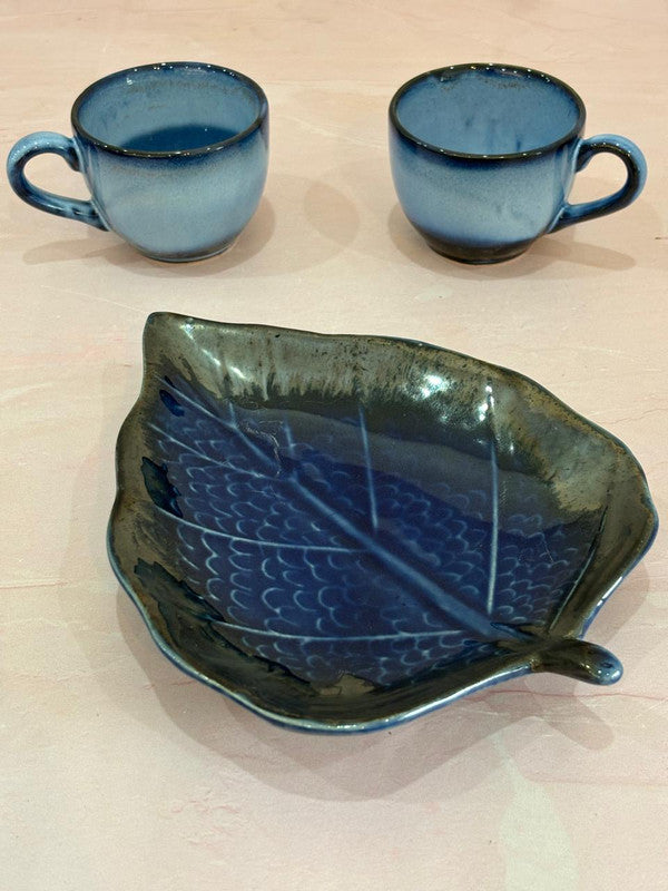 Blue Glaze Tea Cups & Blue Leaf Platter Combo Set of 3