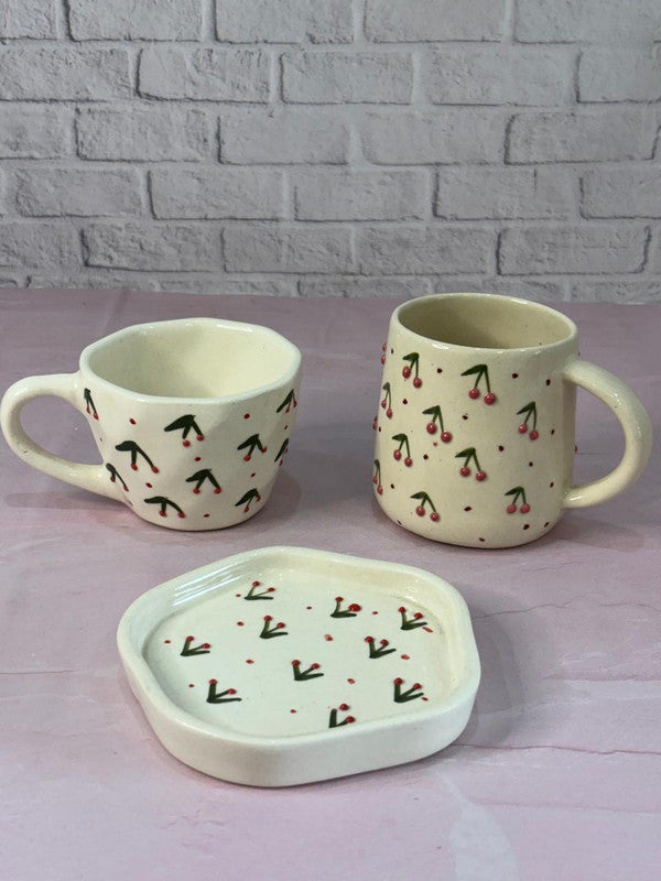 3D Cherry Coffee Mugs & Snack Plate Combo Set of 3